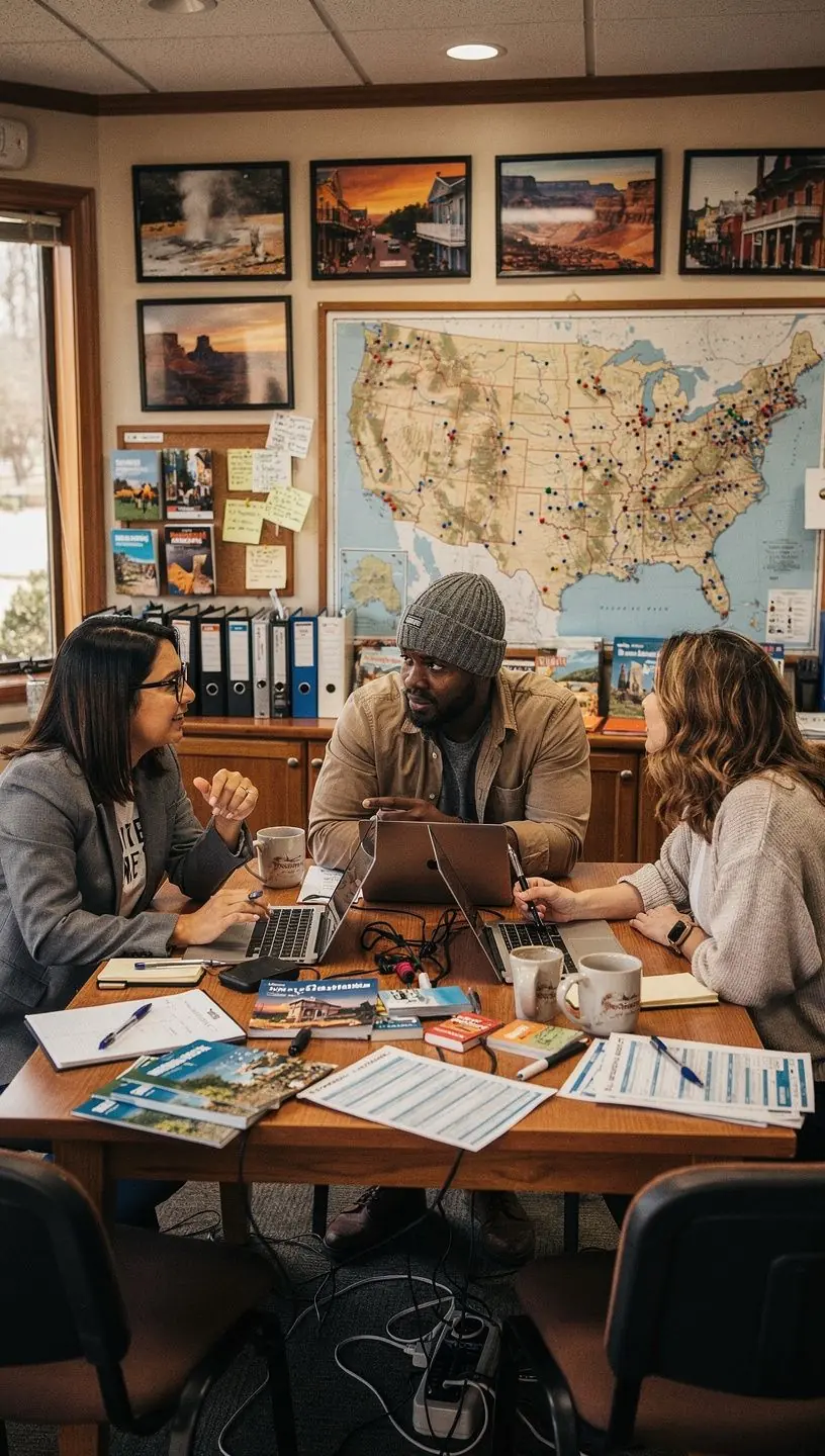 Пара туристов обсуждает детали поездки с агентом, используя распечатанные планы путешествия и заметки.